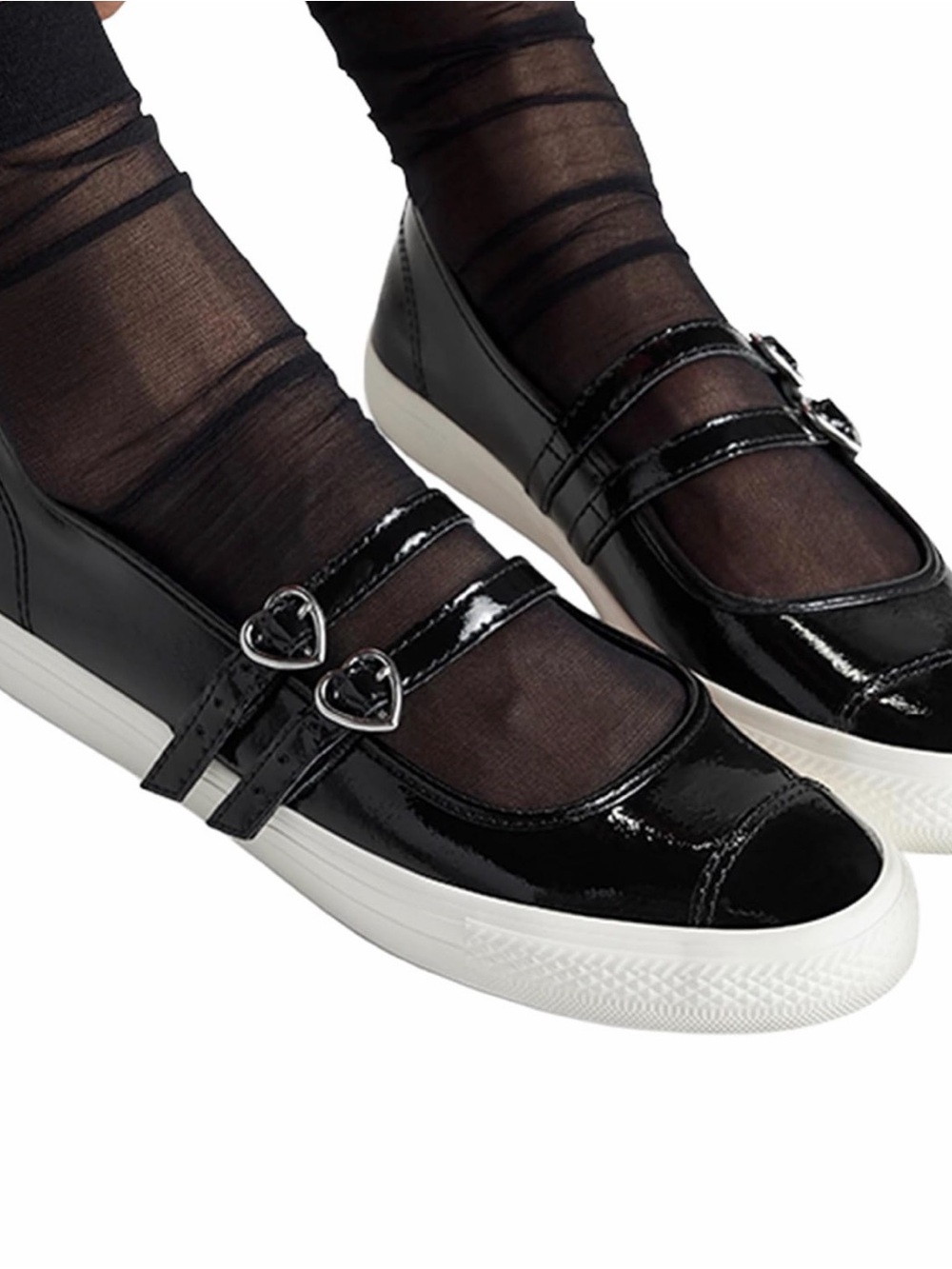 Black Patent Mary Jane Sneakers with Heart Buckles converse